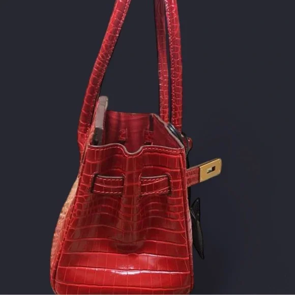 Rouge H Shiny Crocodile Porosus JPG Shoulder Birkin embossed PHW - Picture 5 of 10